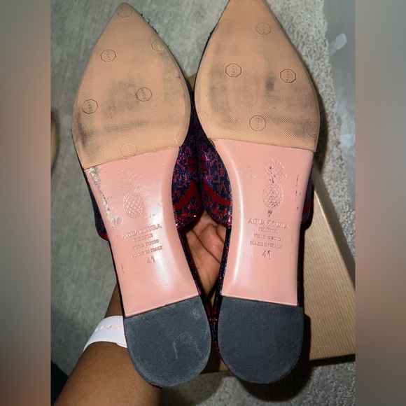 Size 41 - Aquazzura Powder Puff Pompom embellished Metallic Jacquard Mules - Picture 12 of 15
